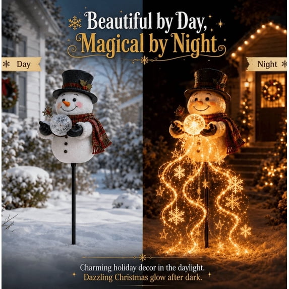 Solar Snowman Garden Stake Light Outdoor Yard Decoration with Hanging Snowflake Star Strands for Christmas Pathway