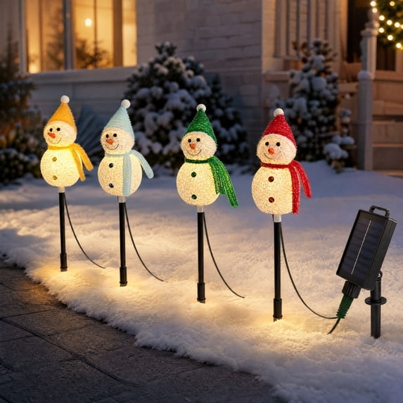 Solar Snowman Stake Lights, Christmas Pathway Decor, 4 Light Connected ...