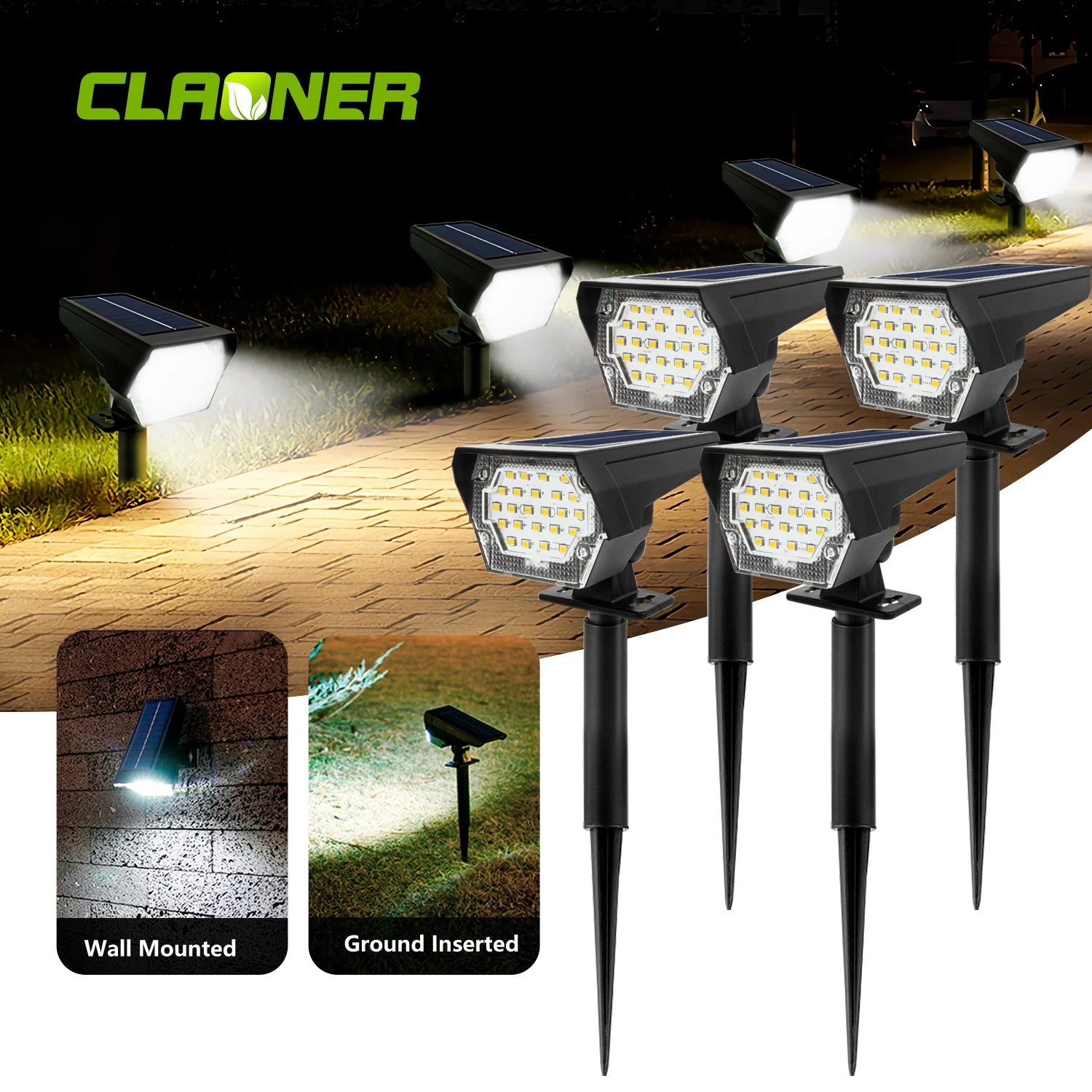 Solar Spot Lights Outdoor, 4 Pack Solar Landscape Spotlights, 3 Modes Waterproof Dusk to Dawn Solar Powered Flood Wall Lights for Outside Yard Garden Pathway, Clear White