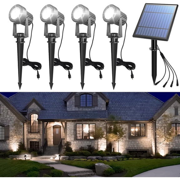 Solar Spot Lights Outdoor 4-in-1 Solar Landscape Lighting Dusk to Dawn Solar Uplights IP65 Waterproof 9.8ft Cable Outdoor Spot Lights for Yard Pathway Garden Tree Decoration (Cool White)