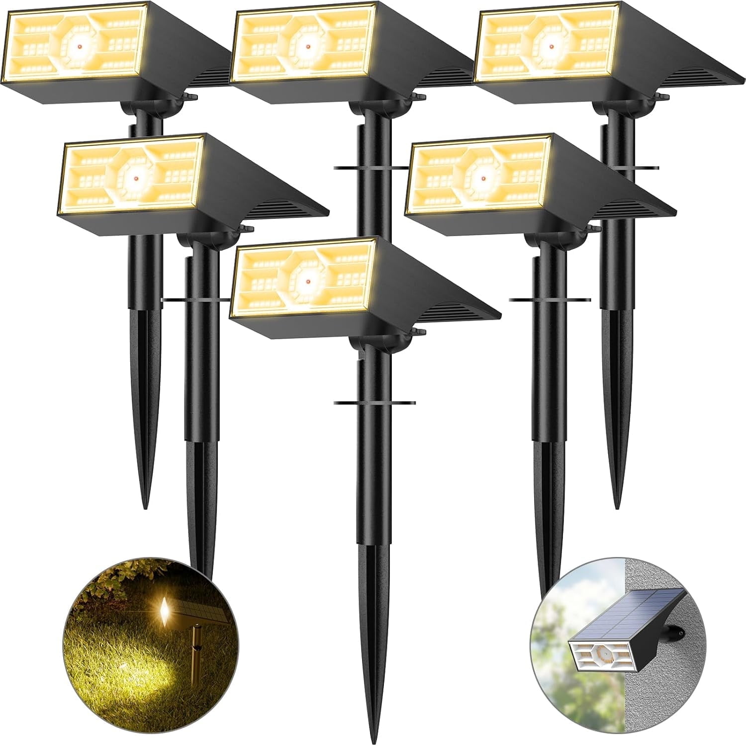 Solar Lights Outdoor, 6 pack, 4 Lighting Modes, IP65 Waterproof, Auto On/Off Solar Spotlights for Yard, Garden, Pathway - Warm White