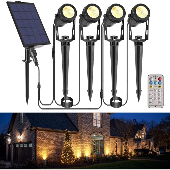 Solar Spot Lights Outdoor, 8 Modes IP65 Waterproof Powered Garden Spotlights 4-in-1 Landscape Lighting Auto On/Off with Remote Uplights for Patio Pathway Tree 2700K Warm White