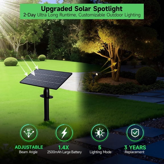 Solar Spot Lights Outdoor, Adjustable Angle Waterproof Landscape Spotlight, All Night LED Uplights Separate Panel, Warm & Daylight Selectable (3000k/4500k/6500k) for Tree Yard Garden 2 Pack
