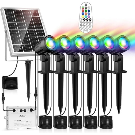 Solar Spot Lights Outdoor Color Changing, 6 in 1 Solar Landscape Lighting RGB Spotlights with Remote Control, IP66 Waterproof Solar Lights Outdoor Garden for Pathway Yard Pool Tree