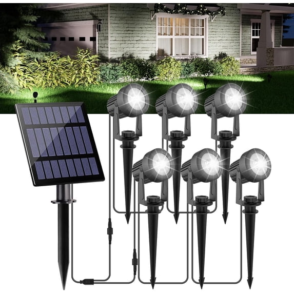 Solar Spot Lights Outdoor, Landscape Spotlights IP65 Waterproof 9.8ft Cable, Dusk to Dawn Solar Uplights for Trees Garden Yard Driveway Porch Walkway Pool (6-in-1, 6000K Cool White)