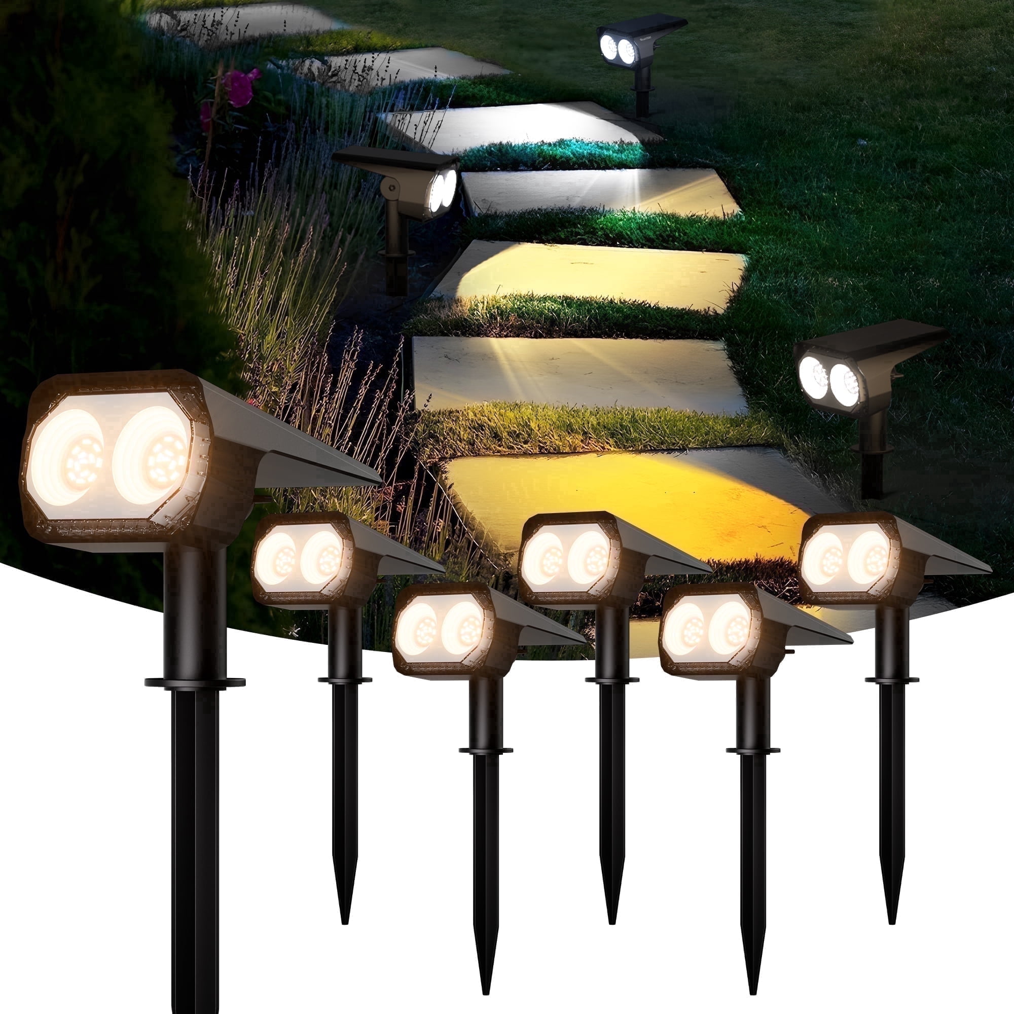 Aship Solar SpotLights Outdoor Waterproof , 26 LEDs 3 Color  Solar Powered Garden Lights, Warm White & Cool White Solar Landscape Spotlights for Lawn Yard Walkway, 6 Pack