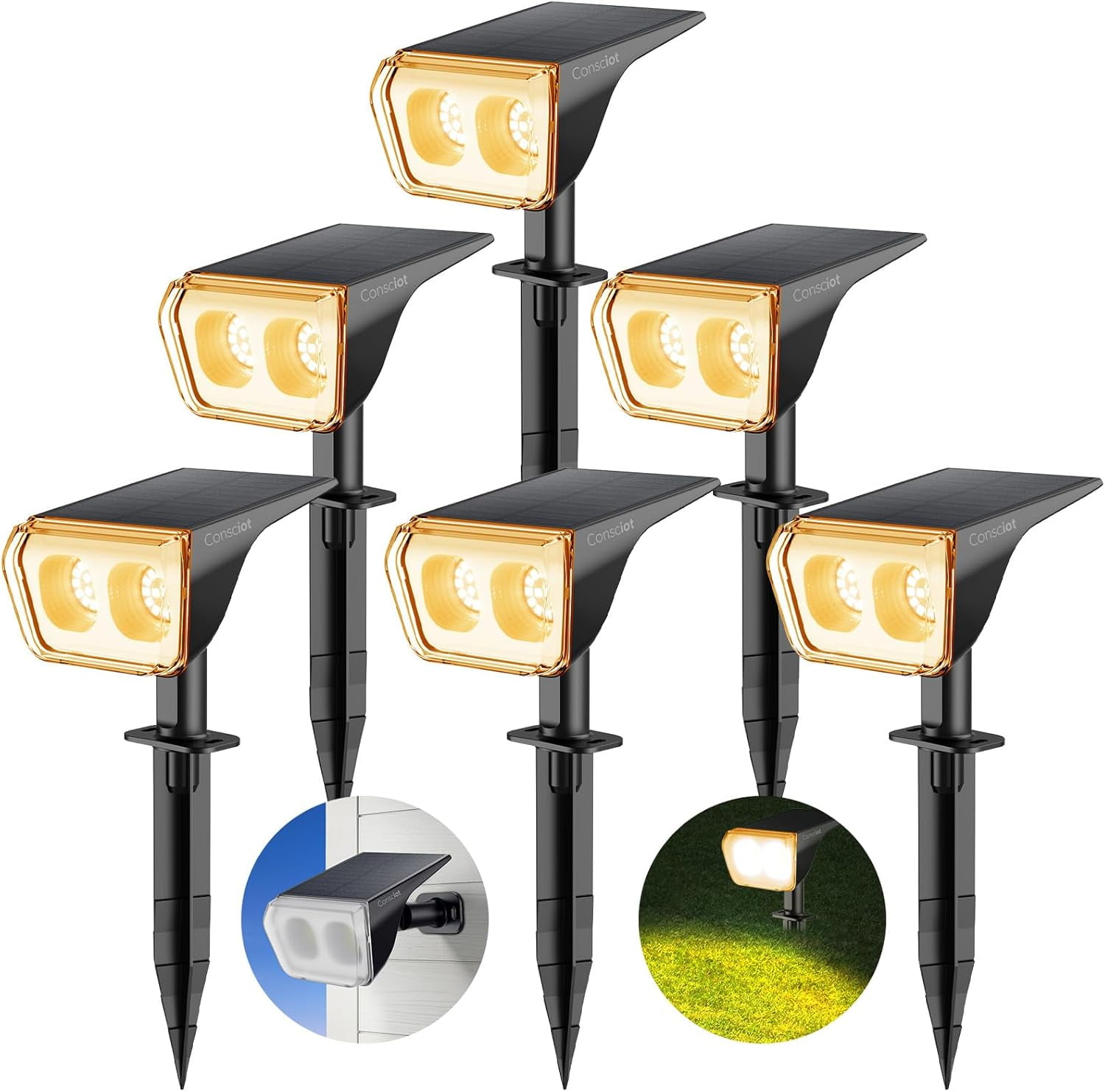Solar Spot Lights Outdoor Waterproof, 24 LED Dusk-to-Dawn Solar Spotlight, 2 in 1 Adjustable Wall Lights, Warm White Solar Landscape Spotlights for Garden Yard Wall Walkway, 6 Pack