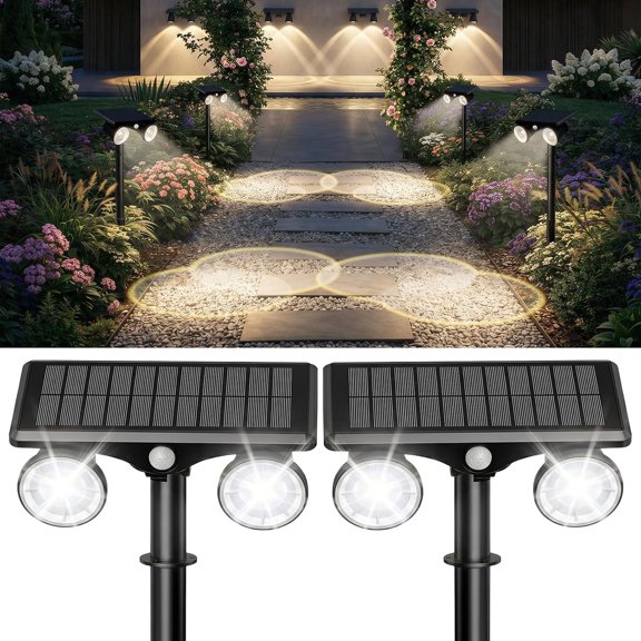 Solar Spot Lights Outdoor Waterproof 2Pack,Solar Uplights Motion Sensor Landscape Lighting for Outside Yard Garden Pathway,Solar Tree Spotlight 2-in-1 Adjustable Dual Heads(Cool White)
