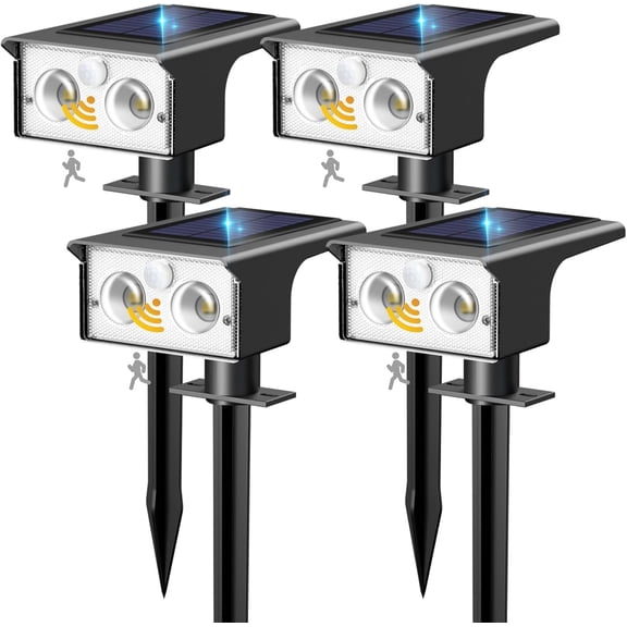 Solar Spot Lights Outdoor Waterproof, 4 Pack/3 Modes Motion Sensor Lights, Powered Spotlights 2-in-1 Auto On/Off for Outside Pathway Yard Garden Lighting, Cool White
