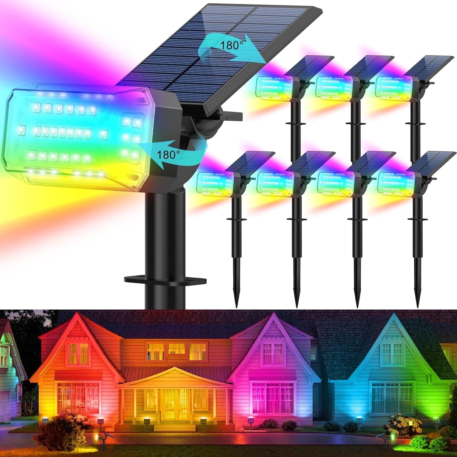 Solar RGB Spot Lights Outdoor, 8 pack, 49 LEDs, 7 Color Modes, IP65 Waterproof, Adjustable Christmas Flood Lights for Yard, Garden, Pathway