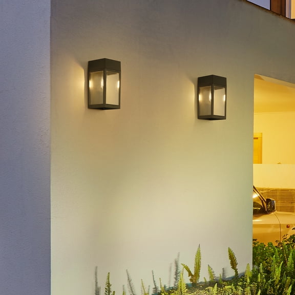 Solar Square Wall Lanterns 2Pack, 7.83" Black Outdoor LED Wall Lights with Edison Bulb, Waterproof for Porch, Patio, Garage