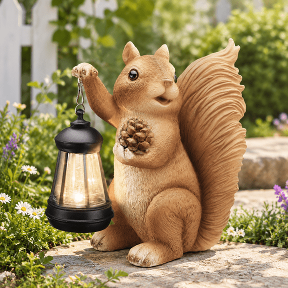 Solar Squirrel Garden Statue Outdoor Decor Brown
