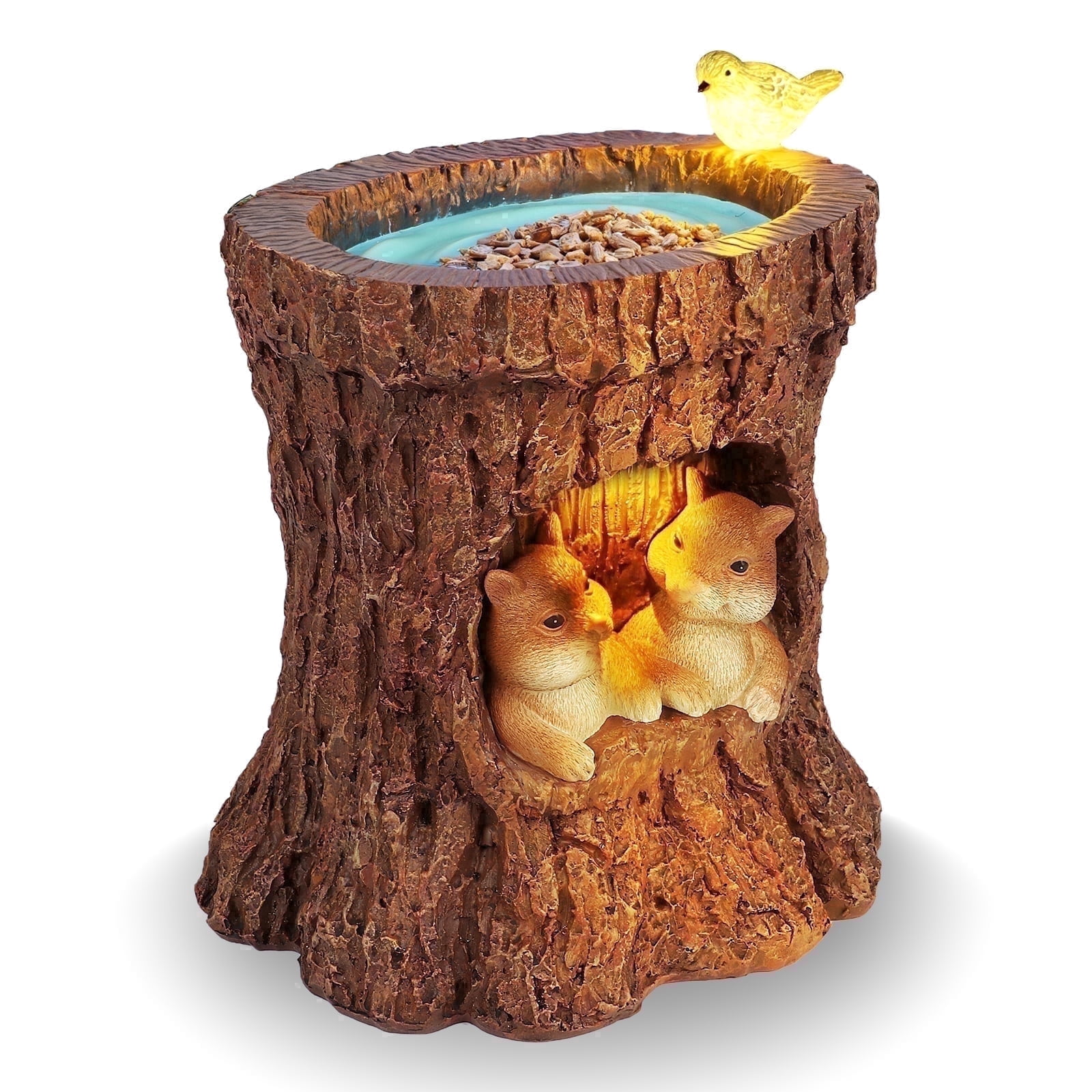 DAK Resin Solar Squirrel Garden Statue with Bird Feeder, LED Lighted Tree Stump Decor,  Waterproof  UV Resistance