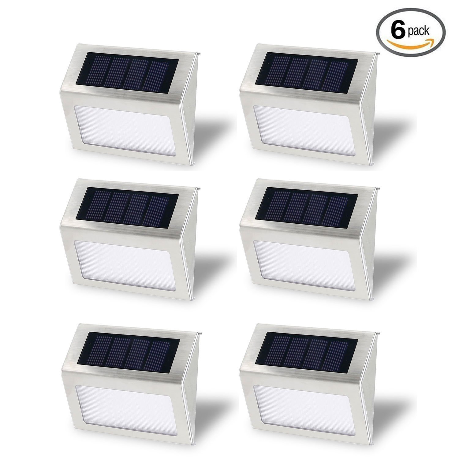 Solar Stair Light, EpicGadget Waterproof Outdoor LED Step Lighting 3 LED Solar Powered Step Lights Stainless Steel Outdoor Lighting for Steps Paths Patio Stairs (6 Pack) - image 1 of 5