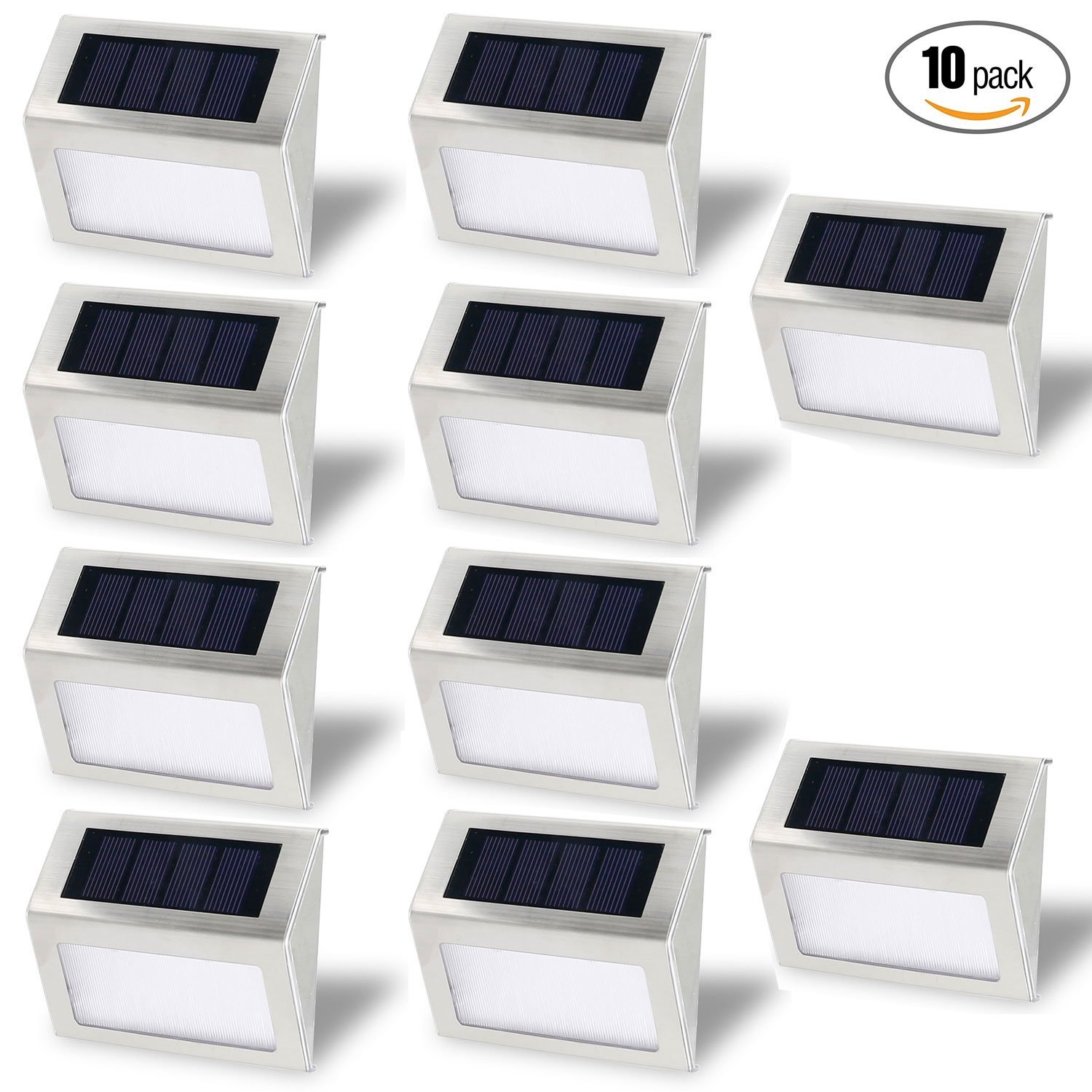Solar Stair Light, EpicGadget Waterproof Outdoor LED Step Lighting 3 LED Solar Powered Step Lights Stainless Steel Outdoor Lighting for Steps Paths Patio Stairs (Pack 10) - image 1 of 5