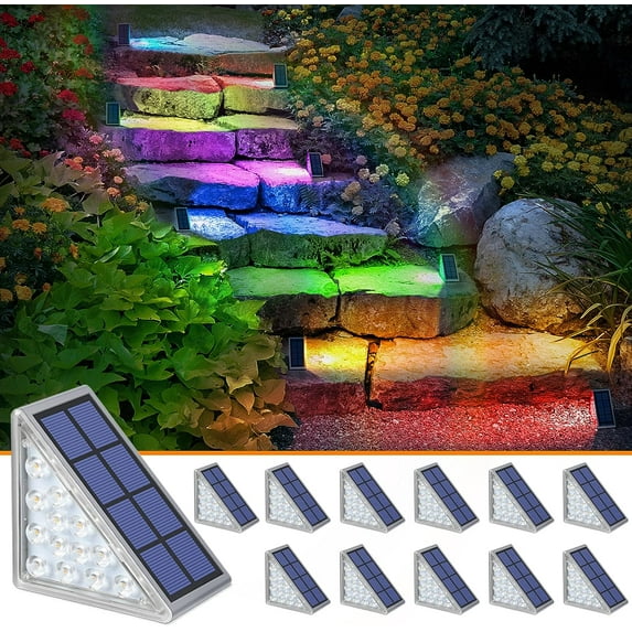 Solar Stair Lights 12 Pack, 7 Fixed Colors, Solar Step Lights Outdoor Waterproof, Outdoor Step Lights, Solar Deck Lights Outdoor Decor for Garden Stair, Front Step, Porch and Patio