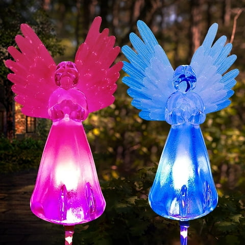 TiokMc Solar Angel Stake Lights with Fiber Optic Wings, Color-Changing LED Outdoor Pathway Garden Yard Lawn Decorations, Waterproof Solar Powered Lights (2 Pack)