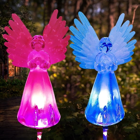 TiokMc Solar Angel Stake Lights with Fiber Optic Wings, Color-Changing LED Outdoor Pathway Garden Yard Lawn Decorations, Waterproof Solar Powered Lights (2 Pack)