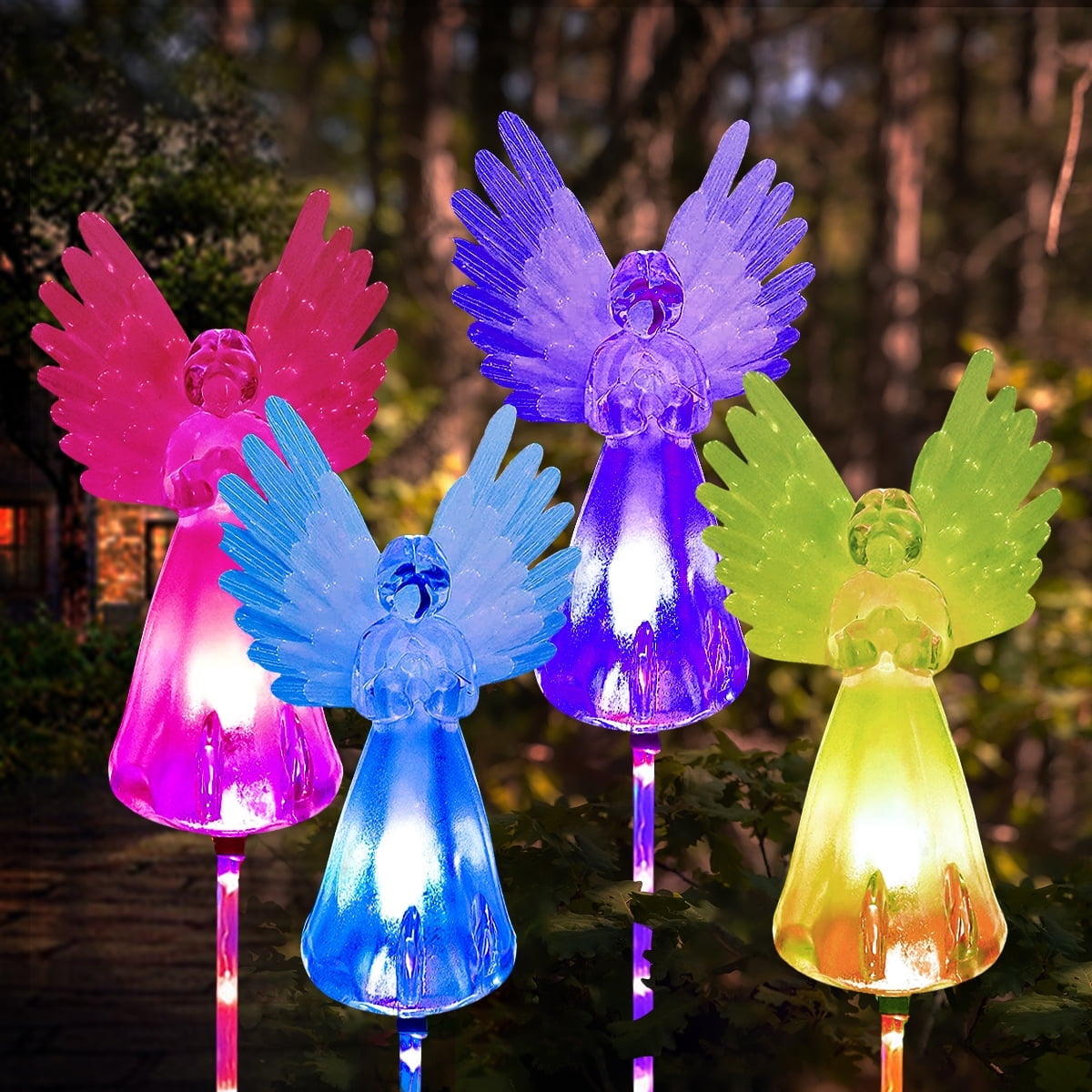 TiokMc Solar Angel Stake Lights with Fiber Optic Wings, Color-Changing LED Outdoor Pathway Garden Yard Lawn Decorations, Waterproof Solar Powered Lights (4 Pack)