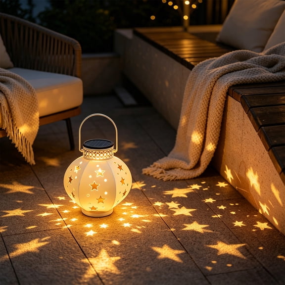 Solar Star Projection Lantern Outdoor, Hanging Metal Cutout Iron Shadow Light with Auto On/Off, Weather-Resistant Garden Patio Pathway Yard Decorative Glow