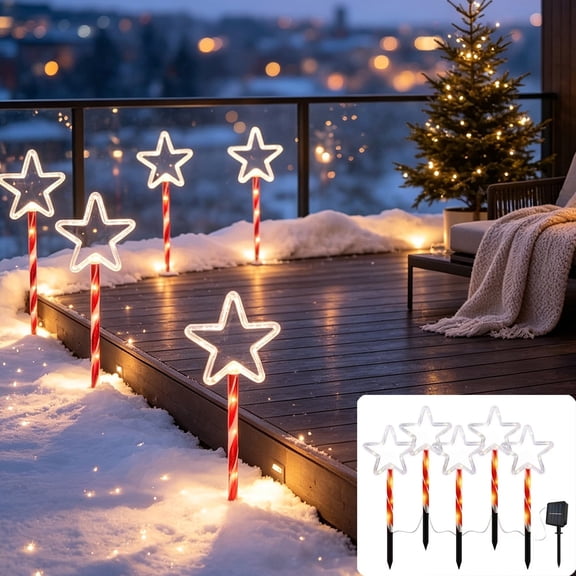 Solar Star Stake Lights, Five Head 78.74 inch String with Ground Mounted Christmas Lighting, Outdoor Yard Pathway Holiday Decor, Seasonal Tabletop Accent, Festive Home Display for Seasonal Display