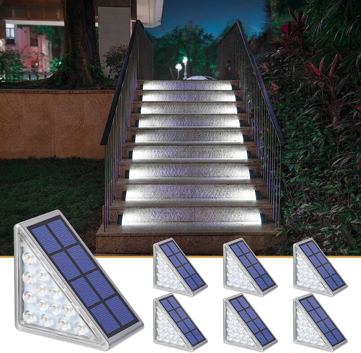 Solar Step Lights, Pack Outdoor Stair Lights Cool White Triangle Solar  Deck Lights IP67 Waterproof Auto on Off Decoration Lights for Stair Patio  Yard, Driveway, Porch, Front Door, Sidewalk