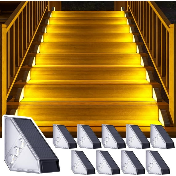 Solar Step Lights for Outside, 10 Pack Solar Powered Stair Lights Outdoor Waterproof, Triangle Deck Step Light, Outdoor Decor Lighting for Front Porch, Backyard, Patio, Warm White