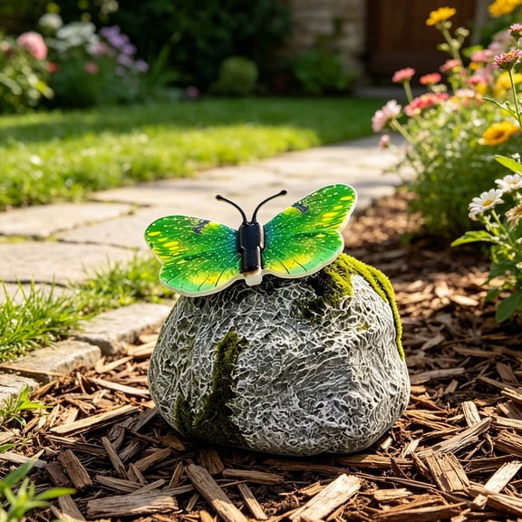 Solar Stone Butterfly Flowing Light Garden Stake, Embedded Warm Led Lamp, Auto Solar Charging Design, Waterproof Ground Plug Light for Yard Lawn Night Landscape & Garden Ambient Decor