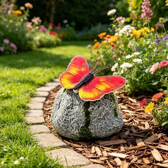 Solar Stone Butterfly Flowing Light Garden Stake, Embedded Warm Led Lamp, Auto Solar Charging Design, Waterproof Ground Plug Light for Yard Lawn Night Landscape & Garden Ambient Decor