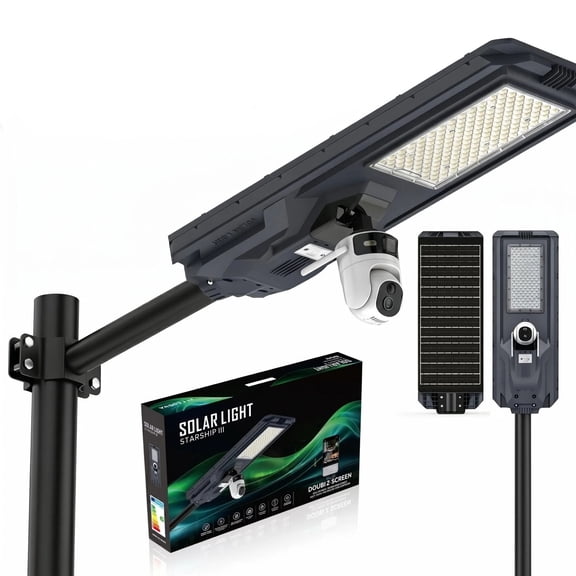 Solar Street Light Outdoor 1200W Super Bright LED Yard Light Waterproof IP65 with Dual-Screen Camera Surveillance WiFi Remote AI Human Tracking Radar Sensor for Garden Driveway Parking Lot