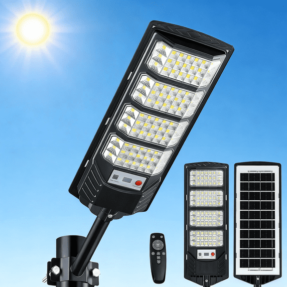 Solar Street Light Outdoor, 6500K 320 Wide Angle Commercial LED Flood Light with Remote, Motion Sensor, Dusk to Dawn, 6000mAh Battery, IP66 Waterproof for Parking Lot, Yard