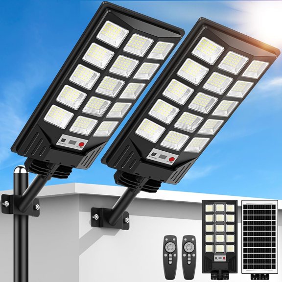 Solar Street Lights Outdoor , 30000LM 6500K LED Motion Sensor Lights, Solar Flood Lights with Remote, Dusk to Solar- Parking Lot Light, Commercial Area Lighting for Yard, 2-Pack