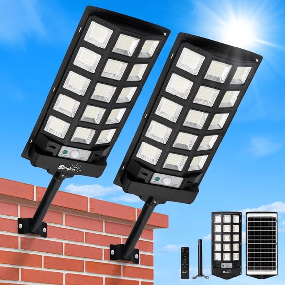 Solar Street Lights Outdoor , 60000LM Solar Lights Outdoor Dusk to  with 9.3" Metal Light Bracket, 6500K Solar Flood  Light Motion Sensor w 12000mAh  & 65FT Remote, 2 Pack