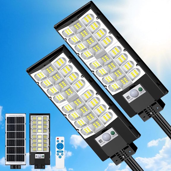 Solar Street Lights Outdoor , 6500K Solar Flood Light with Motion Sensor and Remote Control, Dusk to  Parking Lot  Lighting, for Outside Garage Yard, 2