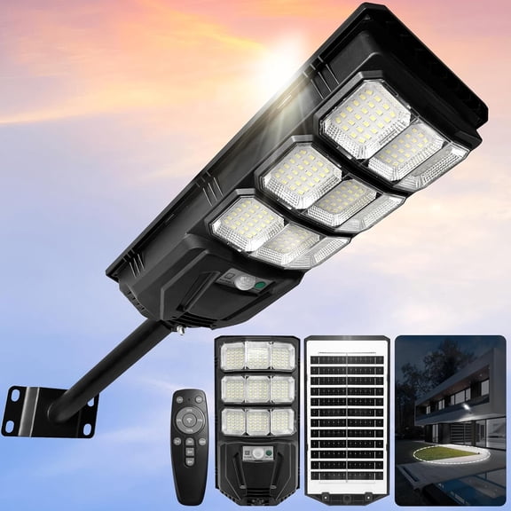 Solar Street Lights Outdoor, 6500K Solar Lights Outdoor Waterproof with Motion Sensor, Security Lights with Remote Control Dusk to Dawn Commercial Lighting for Yard Path Garden