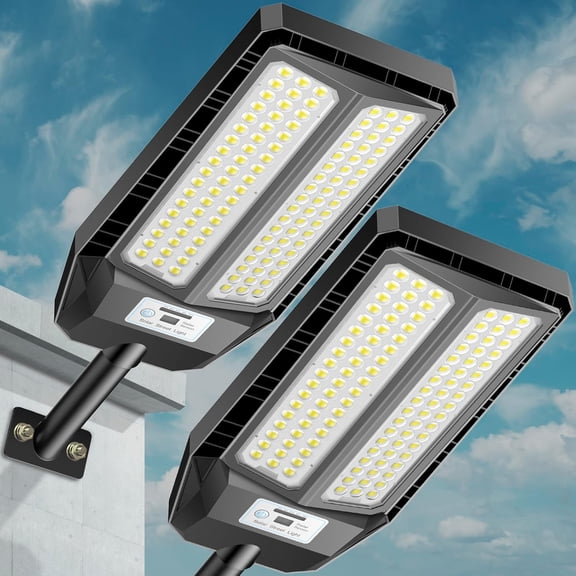 Solar Street Lights Outdoor, 7000K Solar Light Outdoor LED Street Light Dusk to Dawn, LED Wide Angle Lamp with Motion Sensor and Remote Control, for Parking Lot, Yard, 5000W, 2 Pack