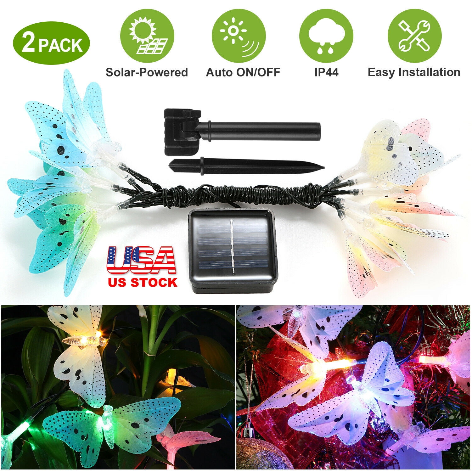 Solar String Fairy Lights Butterfly 3.8m Waterproof Garden Yard Deco Light 2PCS