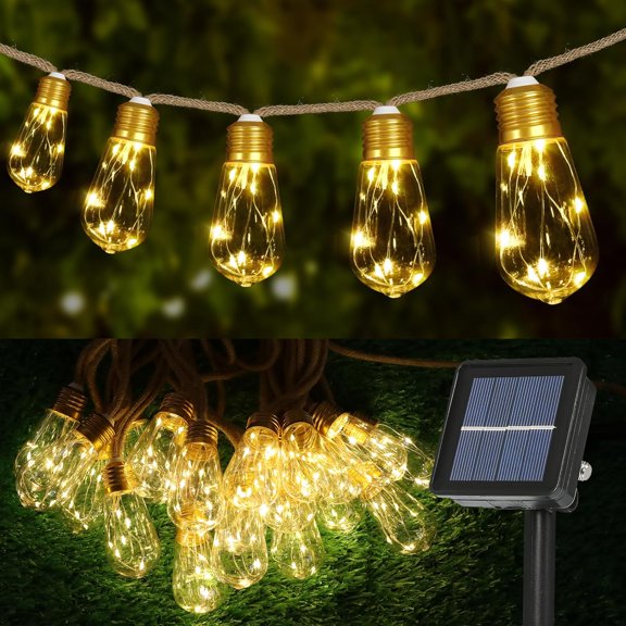 Solar String Lights, 24FT Vintage Rope Hemp Solar Outdoor String Lights with 20 Shatterproof Bulbs, Waterproof 8 Modes Solar Powered Patio Lights for Garden Fence Balcony Camping (Warm White)