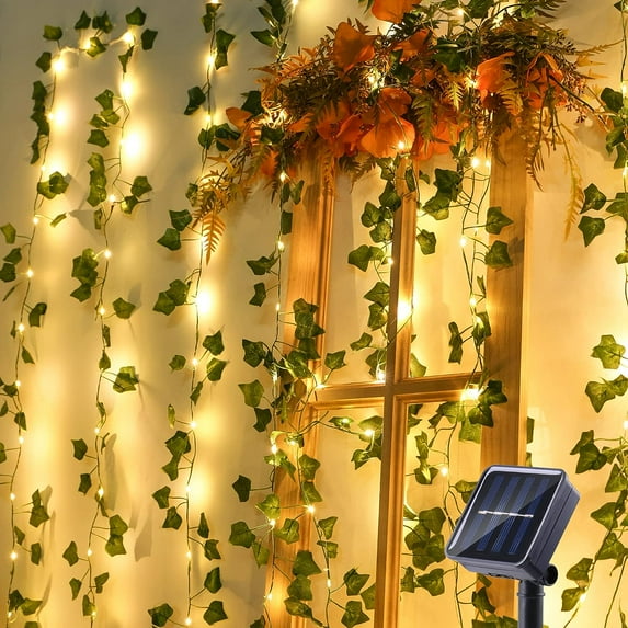Solar String Lights, 33ft 100 LED Solar Vine String Lights, Artificial Ivy Leaf Plants Vine Garland with Lights, 8 Modes Waterproof Ivy Fairy Lights for Outdoor Wedding Garden Fence Wall Decor