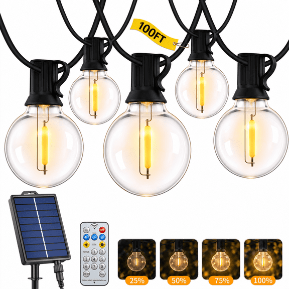 LEACUBER 100FT Solar String Lights Outdoor Waterproof with 8 Light Modes, Remote Dimmable Timer, LED Shatterproof G40 Bulbs, USB & Solar Powered Outdoor Lights for Backyard, Garden, Camping