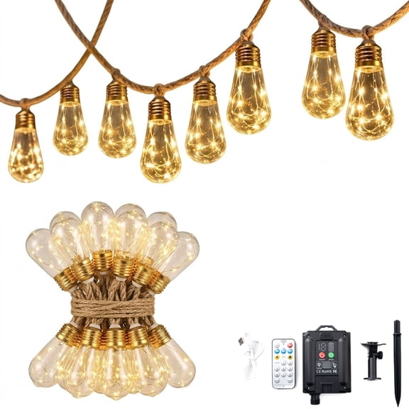 Solar String Lights Outdoor, 1 Set Warm Yellow 26 Ft Hemp Rope Lights, 16 Shatterproof LED Bulbs for Patio and Yard Decor