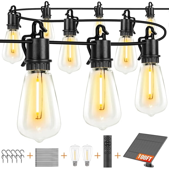Solar String Lights Outdoor  100ft with 52 Shatterproof,Solar Lights Outdoor Remote ST38  Edison Bulbs,Salor Ourdoor Light  Lights  for Outside Backyard