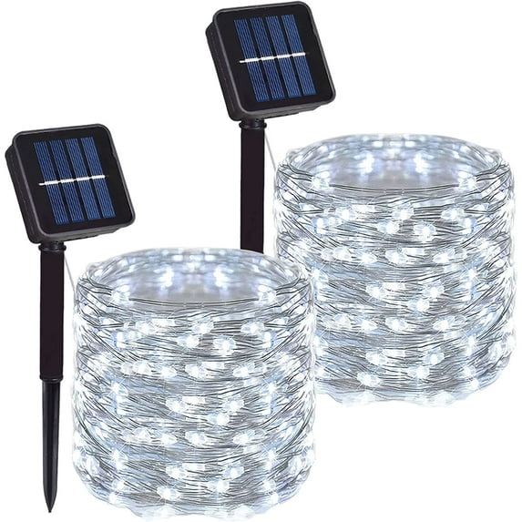 Solar String Lights Outdoor, 2 Pack 66FT 200 LED Copper Wire Solar Powered Fairy Lights Waterproof with 8 Lighting Modes for Garden Patio Tree Christmas Party Wedding ,Cool White