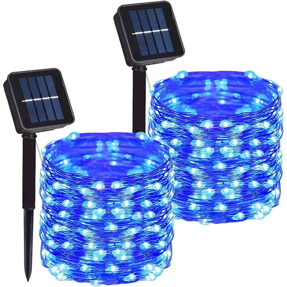 Solar String Lights Outdoor, 2 Pack 99FT 300 LED Copper Wire Solar Powered Fairy Lights Waterproof with 8 Lighting Modes for Garden Patio Tree Christmas Party Wedding ,Blue