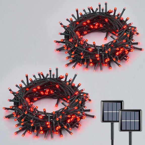 Solar String Lights Outdoor , 2 Packs Each 33ft 100 LED Red Lights, 8 Modes Twinkle Light for Christmas Tree Outside Garden Yard Xmas Decor