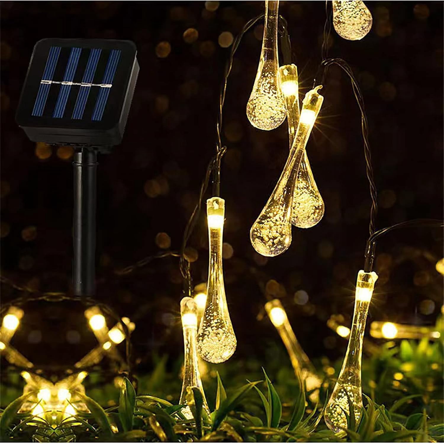 Solar String Lights Outdoor 20ft 30LEDs Water Drop Fairy Garden Lights Waterproof 8 Modes Raindrop Festival Decorative Lighting for Terrace Patio Gazebo Christmas Party Wedding