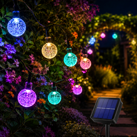 Solar String Lights, 24ft 50 LED Multicolor Crystal Balls, 8 Modes Waterproof for Patio Garden Party Wedding