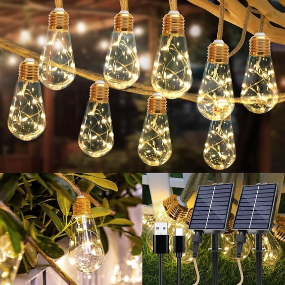 Solar String Lights Outdoor,26 Ft Rope Solar Patio Lights with 8Modes and Remote Control,LED Patio Lights with 16 Bulbs (52FT-2PCS)