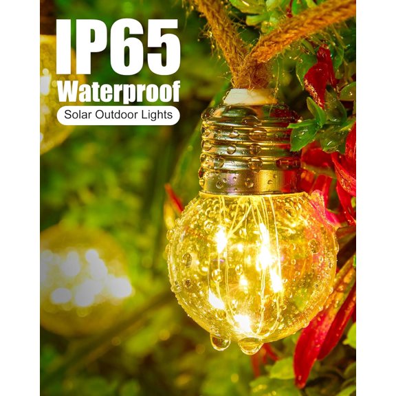 Solar String Lights Outdoor, 30Ft Vintage Hemp Rope Solar Patio Lights with 15 Shatterproof Bulbs, 8 Light Modes Waterproof Hanging Lights for Backyard Fence Caf Bistro Decor, Warm White
