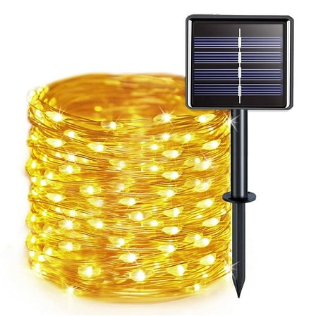 QiShi Solar String Lights Outdoor, 33Feet 100 LED Copper Wire Lights, 8 Modes Solar Powered Fairy Lights, Waterproof Solar Decoration Lights for Garden Yard Party Wedding Christmas (Warm White)-1Pack